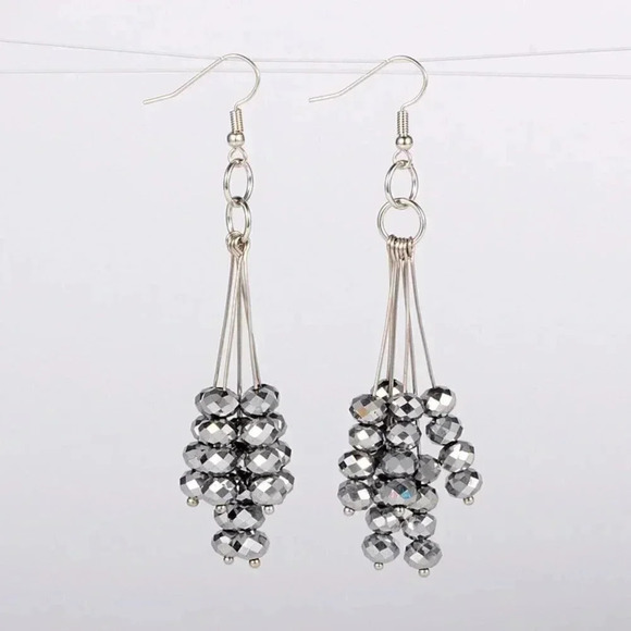 Faceted Silver Austrian Crystal Multi Stacked Rondelle Drops Long Earrings - Picture 1 of 1